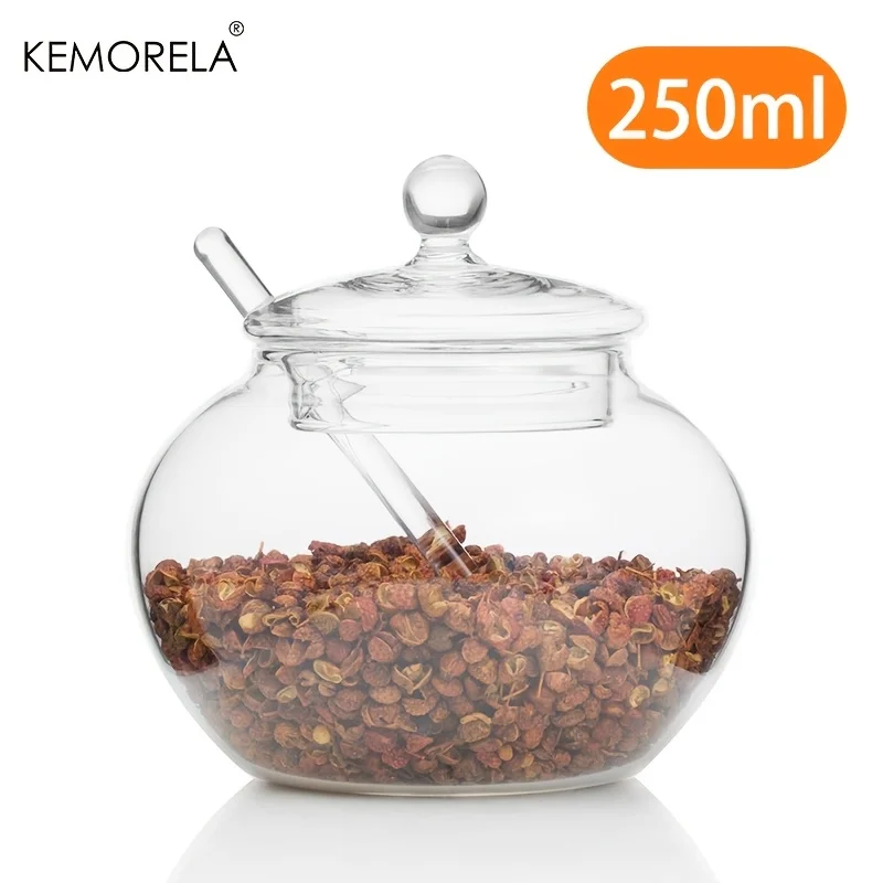 1/2PCS 250ML Clear Glass Sugar Bowl with Spoon with Rounded Lid - Built-in Spoon for Sugar, Spices, Candy, Condiments Storage