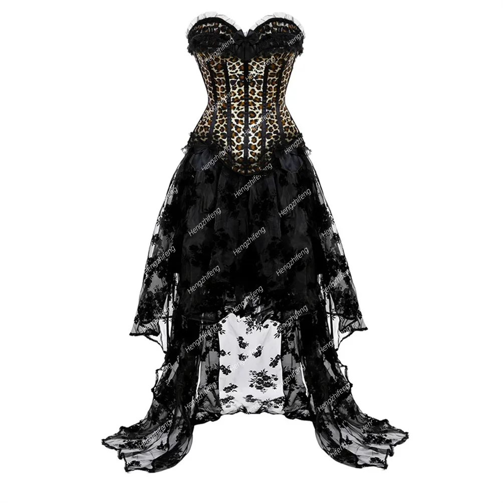 Burlesque Corset Dress Leopard Print Corsets Classic Lace Overlay Overbust Victorian Corselet Outfits Cosplay Halloween Costume