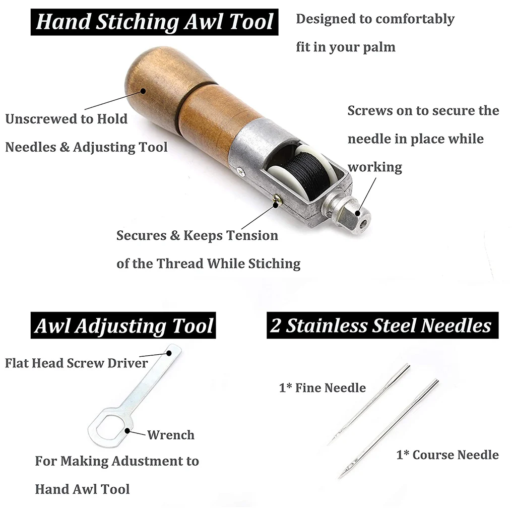 5 Pcs/set Leather Sewing Awl Leather Craft Sewing Awl Needle Thread Kit Wooden Handle Hand Tool