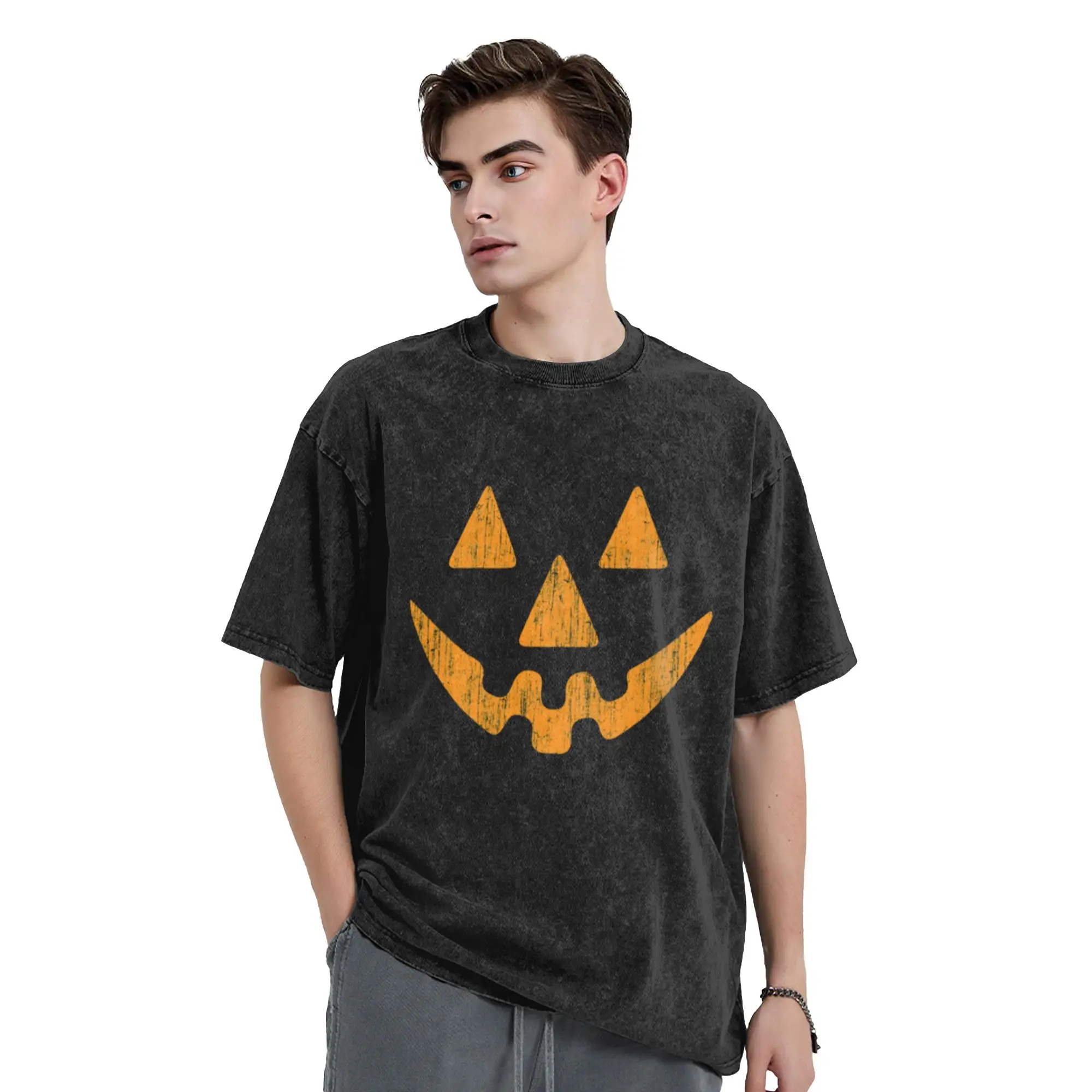 Pumpkin Face Halloween Dark Classic Trendy A Washed T Shirt Men's Women's Oversized Cotton Tees Tops
