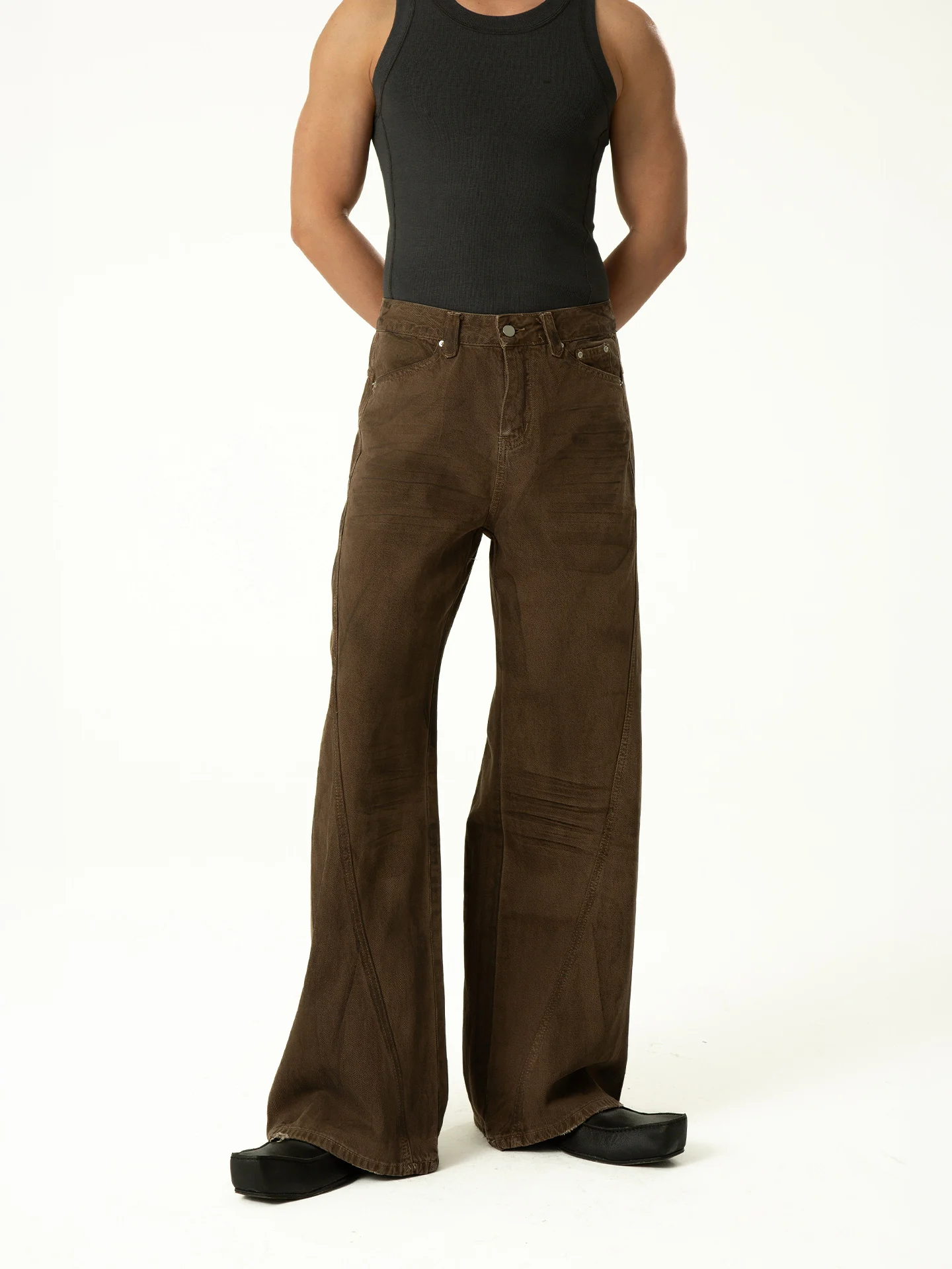 

Retro Money Style Men's Jeans Loose Wide Leg Straight Casual Luxury Folded Long Pants Fashionable Urban Cotton Denim Pure Color