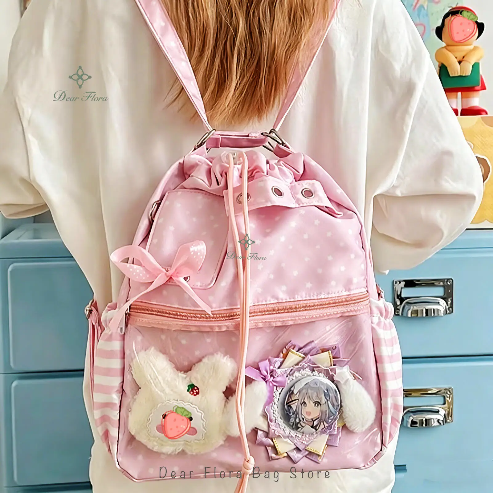 New Y2K Polka Dot Drawstring Ita Backpack Cute Girl Transparent Crossbody Shoulder Bag Large Capacity DIY Dolls Display Knapsack
