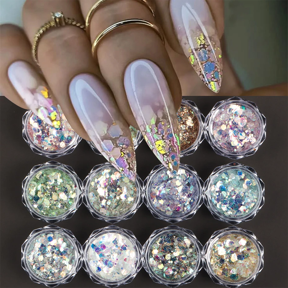 12 pièces sirène brillant hexagone Nail Art paillettes paillettes holographique poudre à ongles mixte Laser chatoyant manucure décoration fournitures