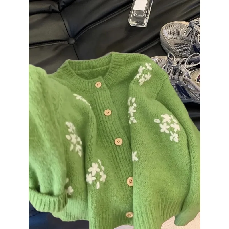 Cardigan rétro à fleurs vertes fraîches pour femmes, veste optique, pull anti-âge, automne, hiver, nouveau, 2024