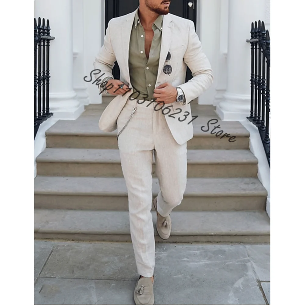 

Beige Men Linen Wedding Suits Slim Fit 2-piece Groom Tuxedos Best Men's Prom Party Suits Jacket Blazer Pants Trajes De Hombre