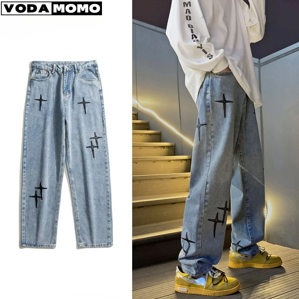 

Cross Star Embroidery Jeans Men Streetwear cargo pants man Straight Wide Leg Jeans Trousers y2k men clothing jeans for men