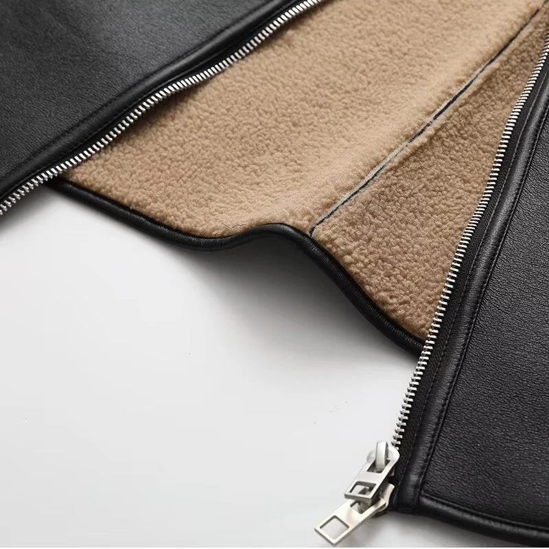 KEYANKETIAN Winter New Women's Round Neck Zipper Curled Edge Splicing Long Sleeve Fleece Imitation Leather Jacket Women Coat