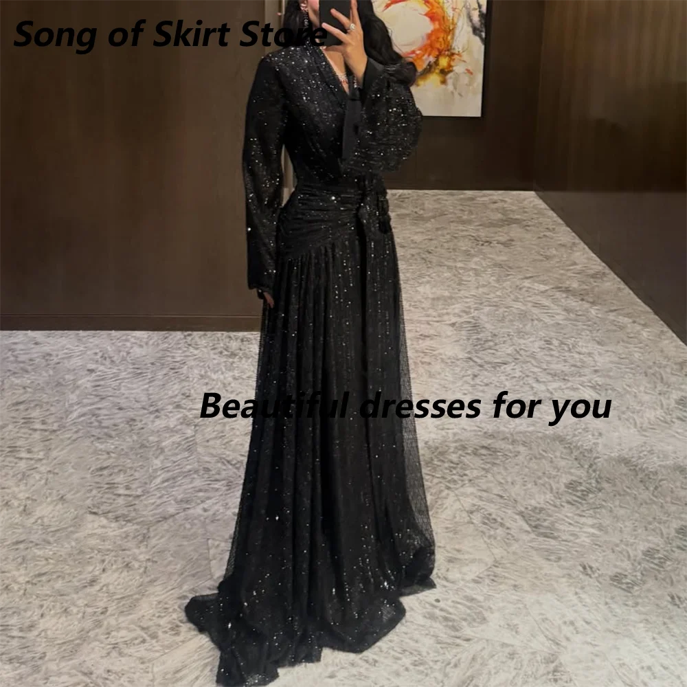 Luxury Beading Sequins Evening Dress Customized V-Neck Long Sleeves Pleat A Line Floor Length Black Formal Party Dresses image 5