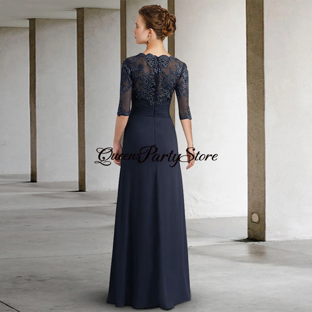Elegant Mother of The Bride Dress Evening Party Dresses 3/4 Sleeves Applique Navy Chiffon Wedding Guest Gown for Mom  Groom