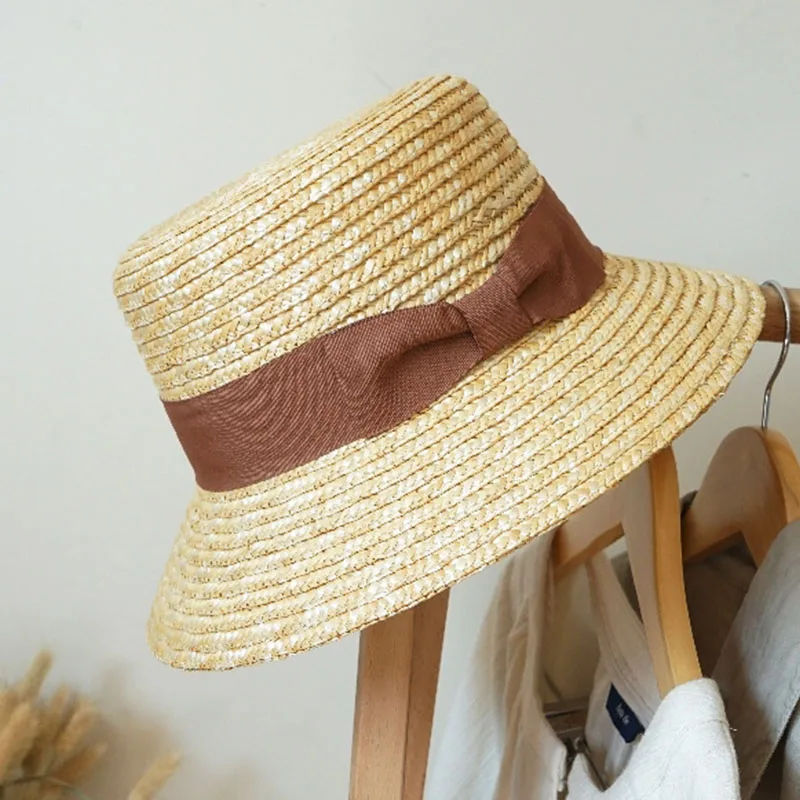 Handmade Summer Hats for Women Bucket Hat Ladies Sun Hat ribbon Bowknot Beige Straw Hat Adjuatble Beach Hat Wide Brim  Derby Hat