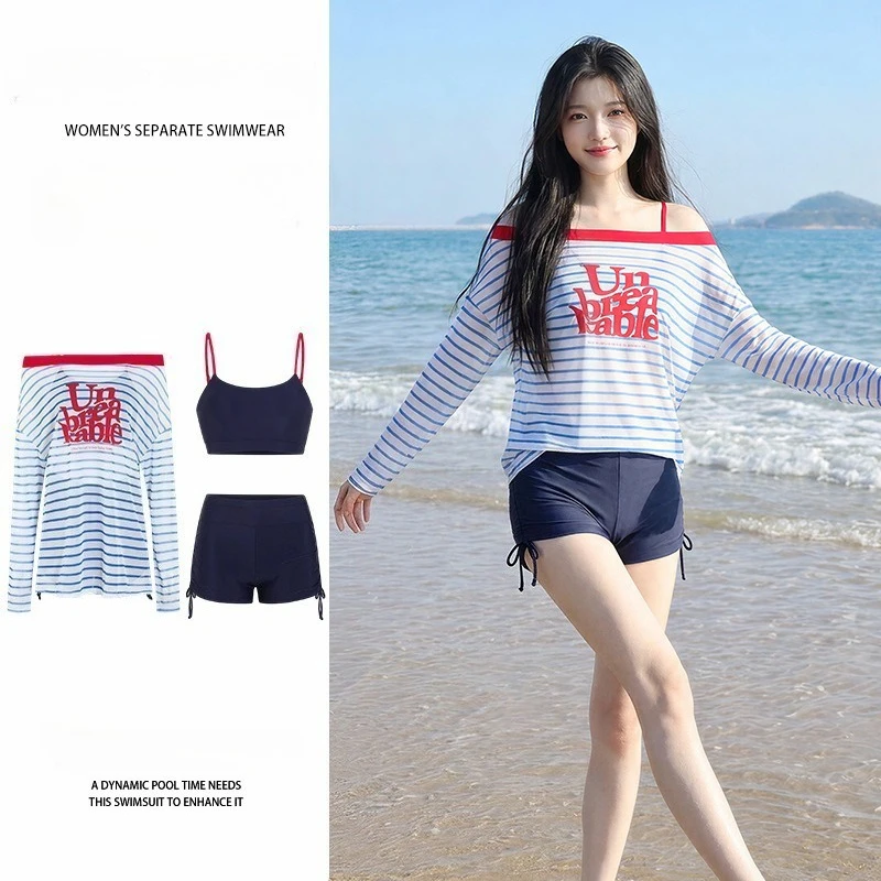 sexy blue striped long sleeve letter print smock top shorts bikinis sets 3pcs cute sweet swimsuits swimwear tankini biquini