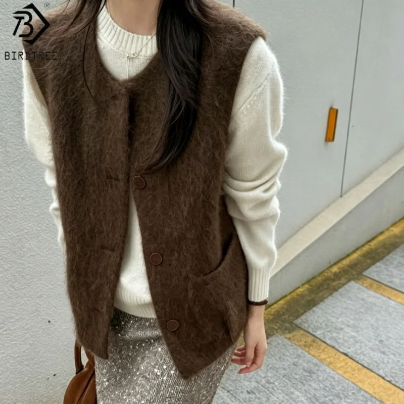 Birdtree, Wool Blended Brushed Vest, Sleeveless Autumn Warmth Coat, O-neck, Women's Single Breasted Knitted 2026 Jacket T6O728JF