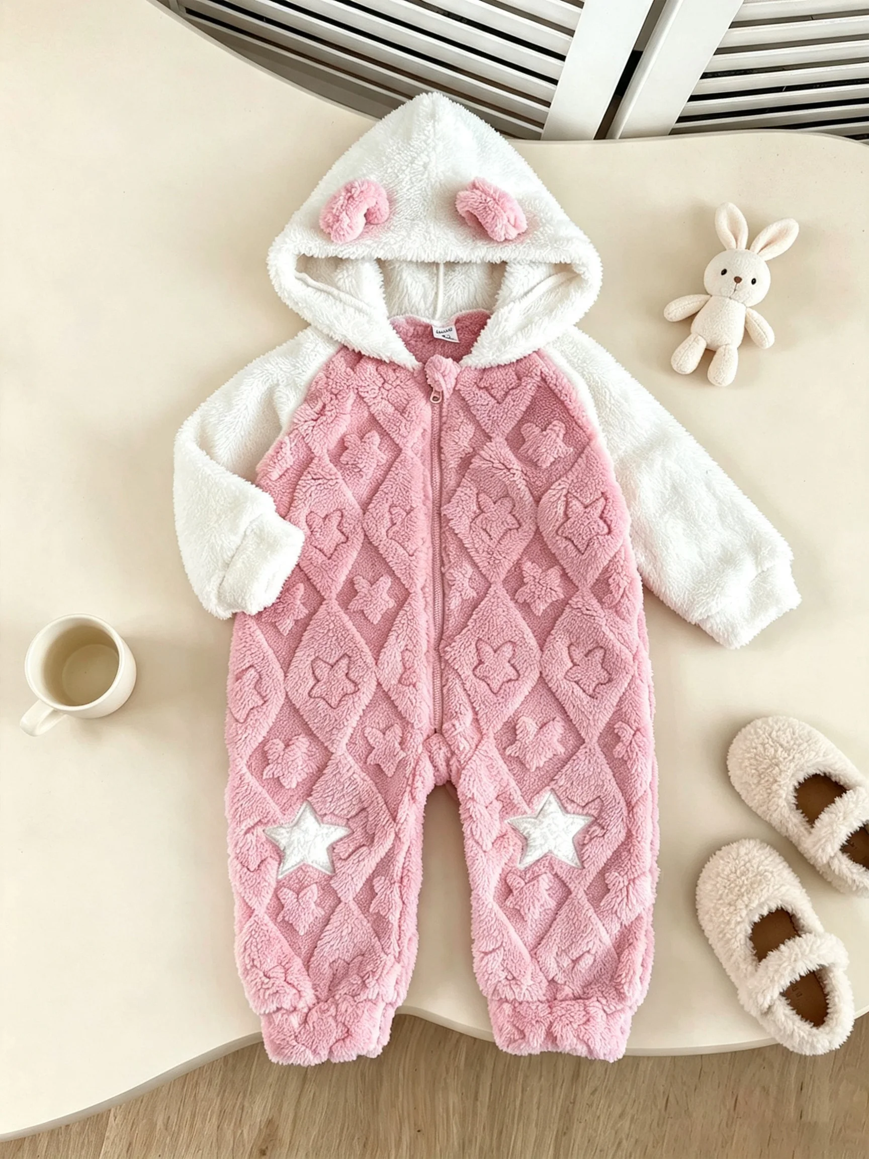 Sweet winter one-piece baby dress with multi-color star embroidery and small bear ears, with a hood for warmth and insulation.
