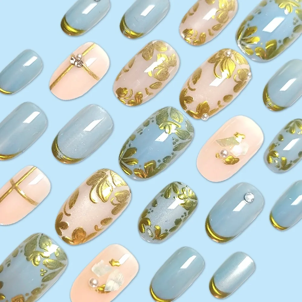 3D feuille d'or pétale presse sur ongles bleu rose oeil de chat strass faux ongles 24 pièces couverture complète colle sur ongles artificiels