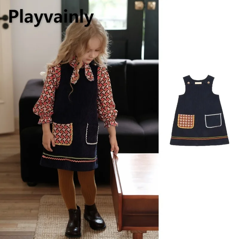 

2025 New Girs Retro Corduroy Dresses Autumn Winter Dark Blue Color Blocking Pocket Sleeveless Straps Dress Kids Clothes W5113