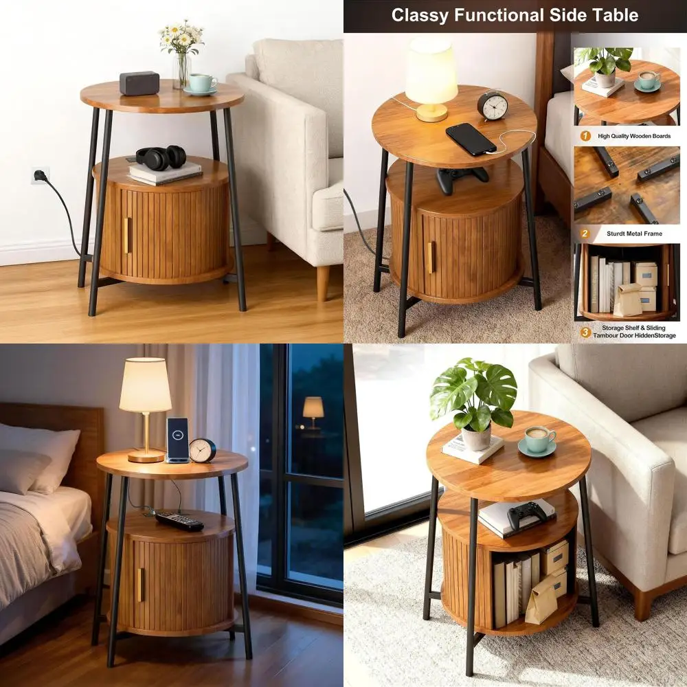 

Mid-Century Modern Side Table with Charging, Fluted Storage, Compact Nightstand, Yellow Sofa Couch for Living & Bedroom