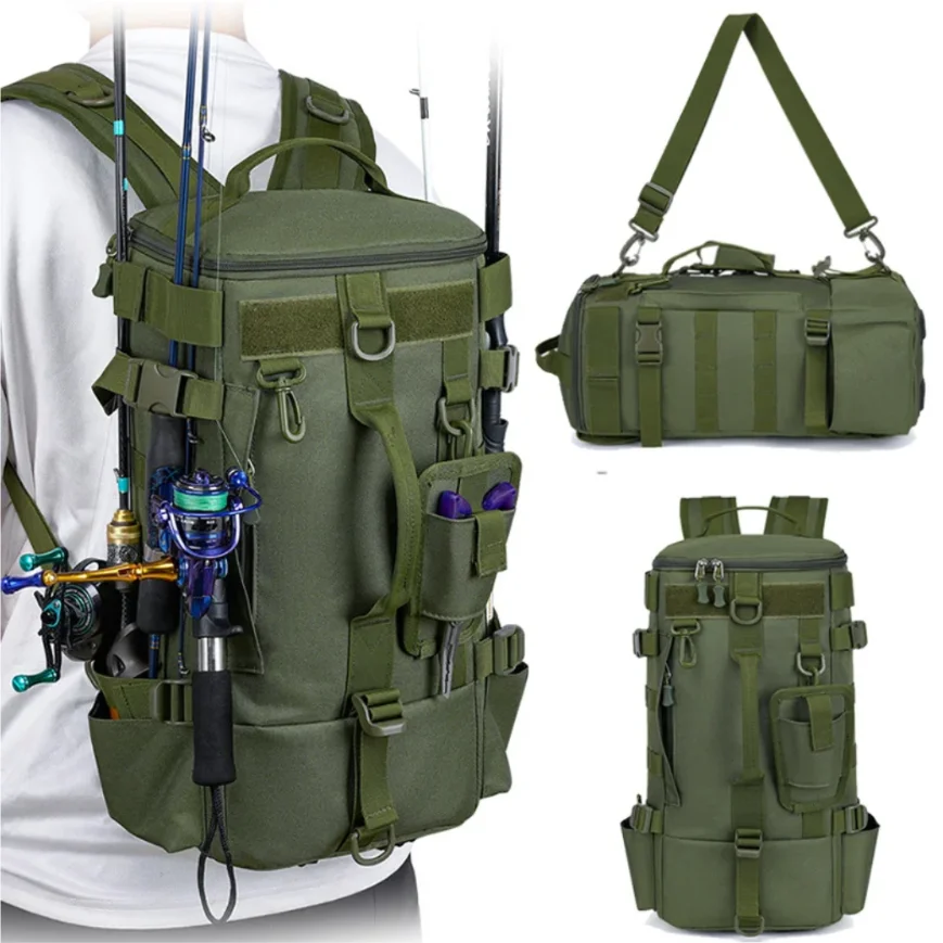 Sac à dos de pêche tactique de Style militaire avec supports de canne pour le stockage d'équipement de pêche et la randonnée en Camping en plein air