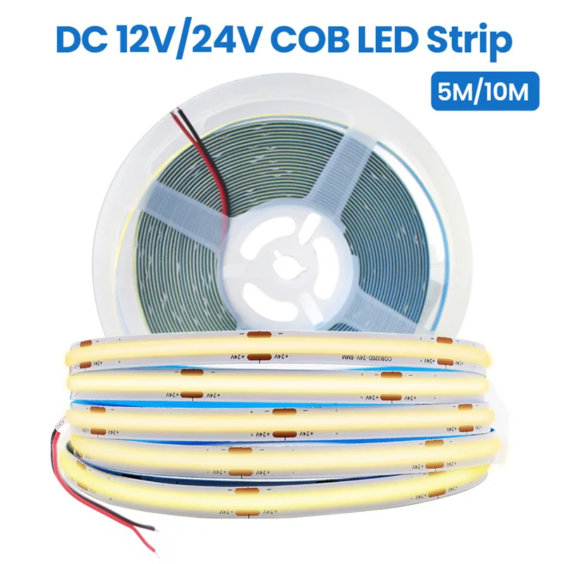 DC 12V 24V 5M 10M COB LED Strip Lights  320 Diodes FCOB Flexible LED Bar Tape Ribbon Linear Dimmable for Room Decor