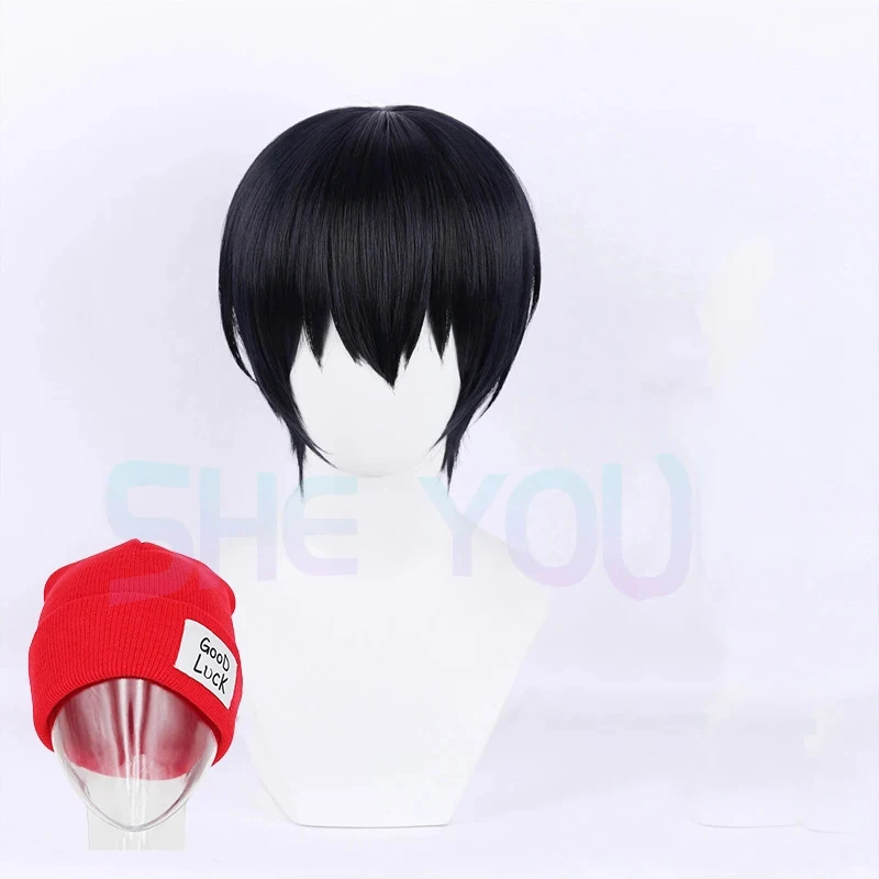 

Fuuko Izumo Cosplay Wig Black Short Hair Hat Red Knit Cap Heat-resistant Fiber Hair+Wig Cap Halloween Party