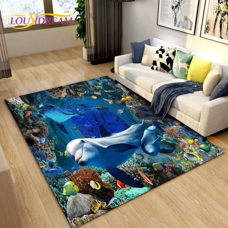 

3D морское дно Illusion Underwater World Dolphin Shark Area ковер, ковер для гостиной, спальни, дивана, коврик, нескользящий напольный коврик