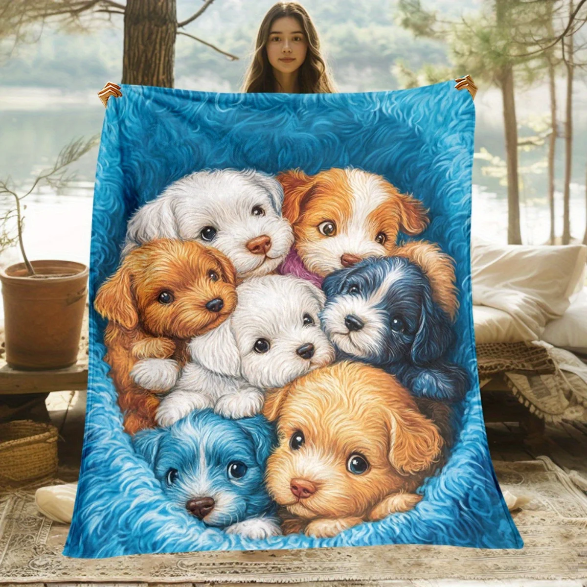 Adorable Puppy Cluster Cozy Throw Blanket, Cute Blue White Dogs Couch Bed Wrap, All Season Travel Camping Decor Gift