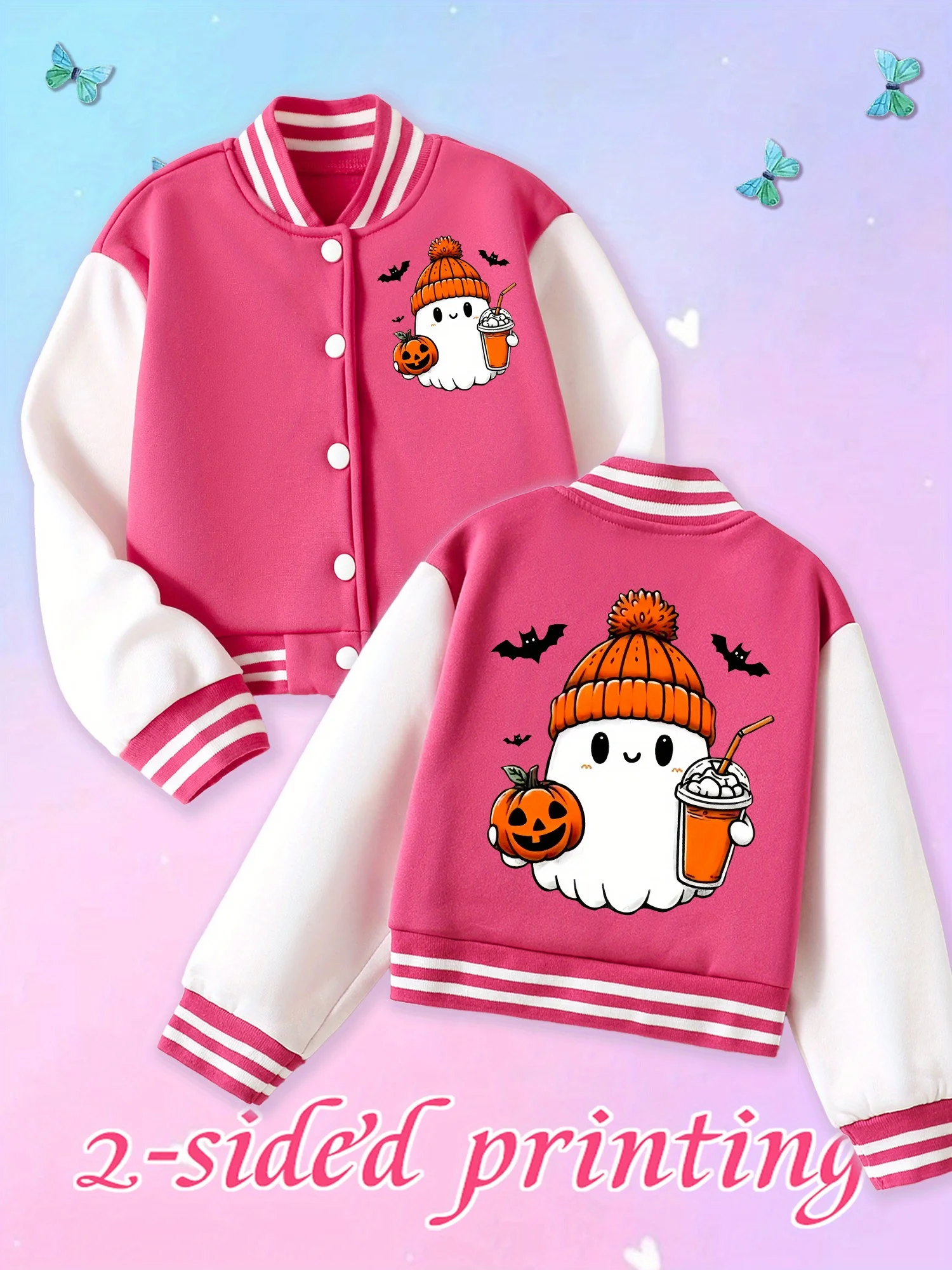 Kinderbekleidung für Mädchen, Herbstjacke, Strickjacke im Preppy-Stil, farbblockierende, lässige Frühlings- und Herbst-Baseballjacke, süßes Kürbisgeist- und Milchteemuster auf der Vorder- und