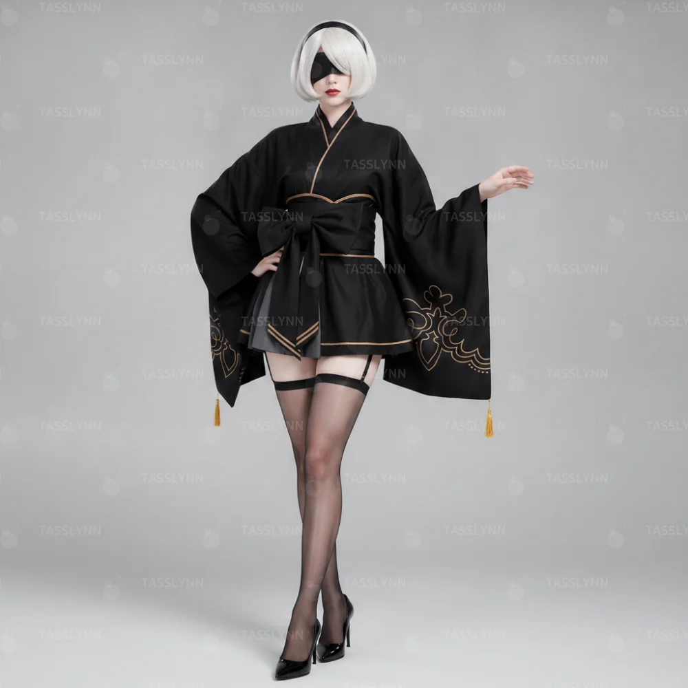 Women 2B NieR Outfit, Wide Sleeve Tassel Yukata Big Bow Waistband Garter Stockings Full Set, Anime Japanese Roleplay Costume view 3