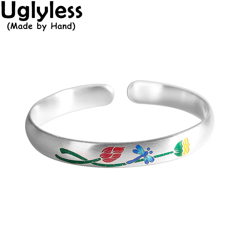 

Uglyless Oriental Aesthetics Thai Silver Chrysanthemum Lotus Bangles for Women Solid 999 Pure Silver Floral Bangles Ethnic Jewel