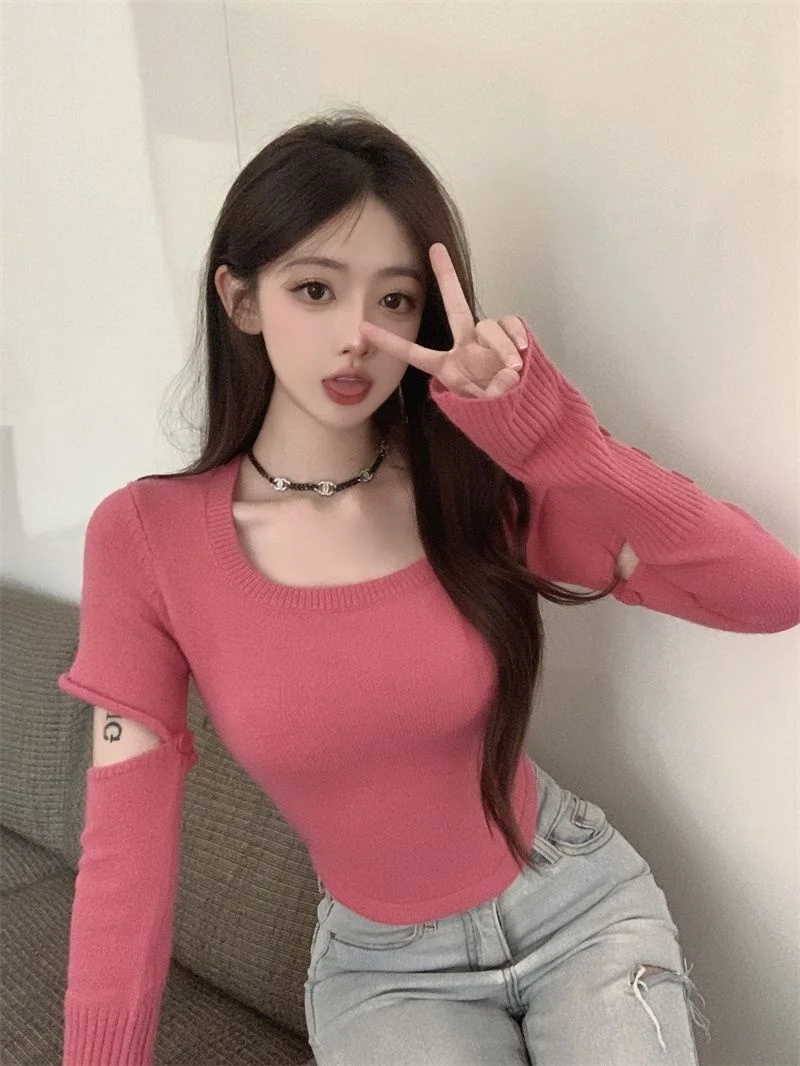 Detachable Sleeve Knitted Sweater Trendy Women'S 2025 Spring Lettuce Edge Twisted Hem Student Leisure Cottagecore Lounge Style