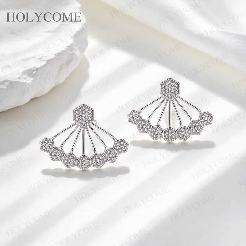 925 Sterling Silver Fan Shape Hexagon D VVS1 Moissanite Stud Earrings Geometric Scallop Vintage Women Wedding Fine Jewelry