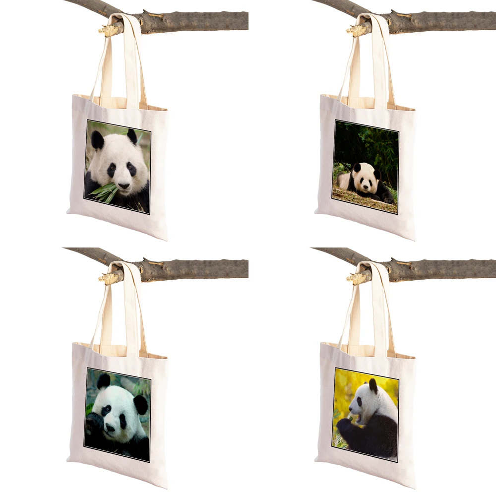 ​China Panda Lady Travel Shopping Bags Wild Animal Canvas Tote Handbag for Women Girl Foldable Reusable Supermarket Shopper Bag