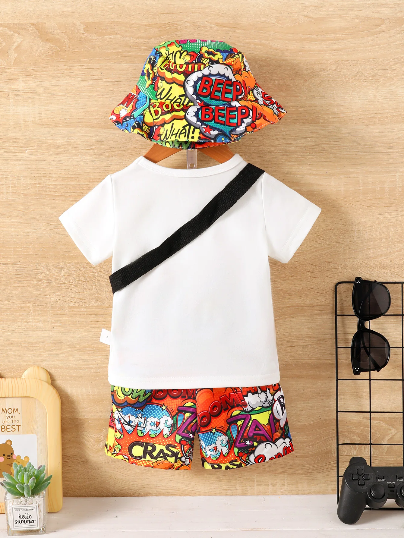 Summer3-36m Handsome Four-Piece Letter Printed Sun Block Hat Crossbody Bag Pants White Simple Short-Sleeved T-Shirt For BabyBoys