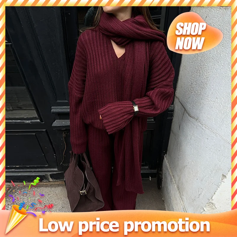 Chic Solid Color V Neck Ruffled Sweater Trousers Sets Elegant Long Sleeve Slim Pants Suit 2024 New Autumn Lady Commuter Outfit