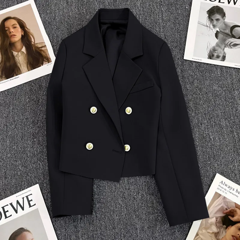 Women\'s Cropped Blazer 2024 Autumn New Chic Elegant Outerwears Simple Office Lady Blazers Fashion Double-Breasted Suit Coat