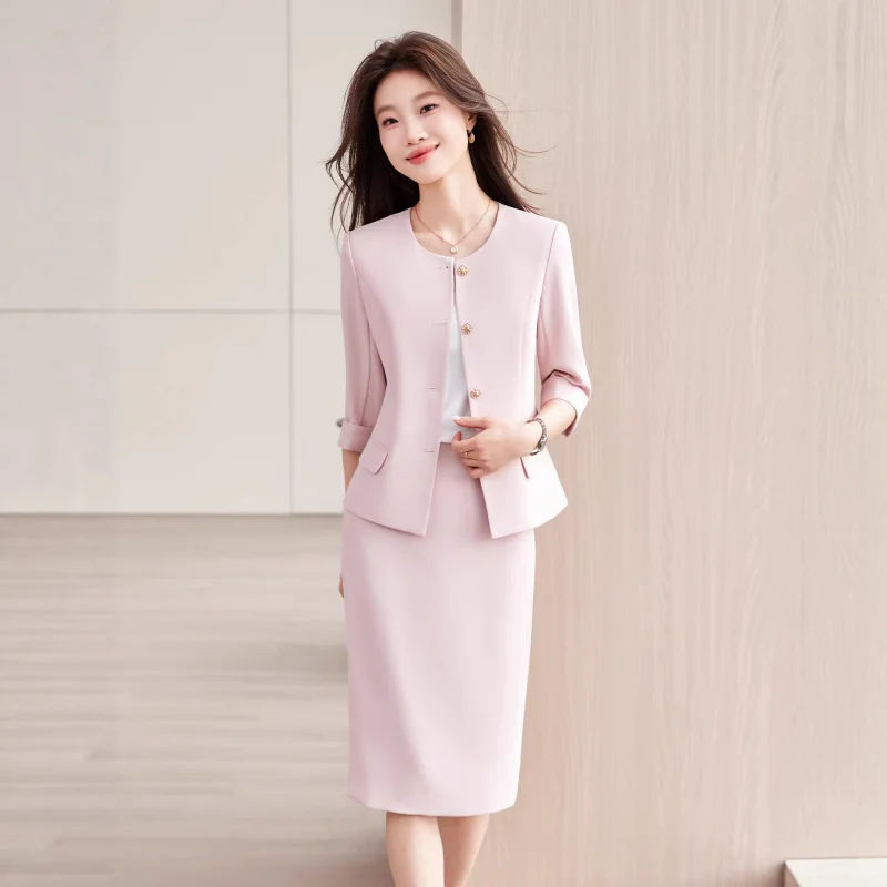 

Pink women's suit2026New Spring Elegant Slim-Fit High-End Professional Skirt Suit with Mid-Sleeve Blazer