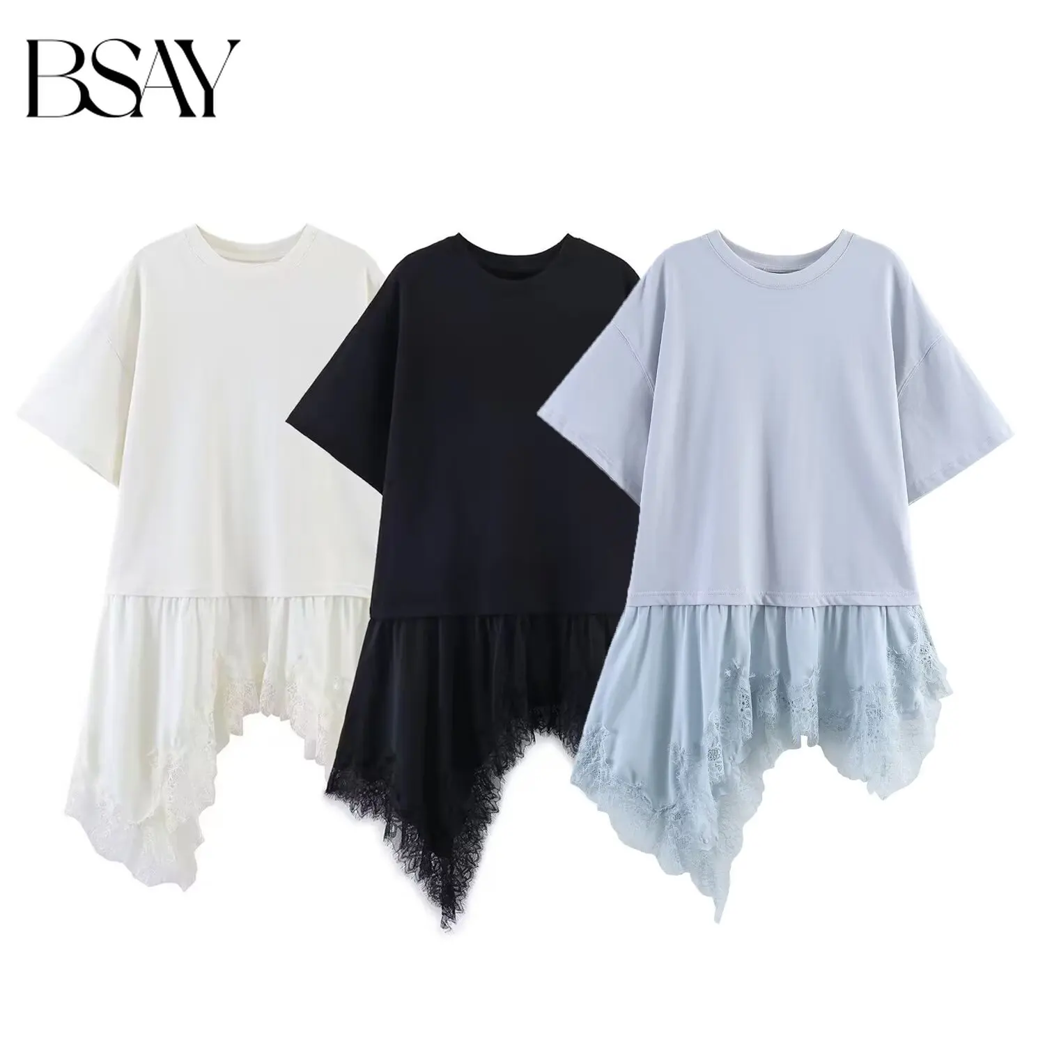BSAY Asymmetrisches Spitzen-Patchwork T-Shirt 2026 Sommer Neu Rundhals Locker Kurzärmelige Blusen Koreanischer Chic Damen Oberteile Mujer