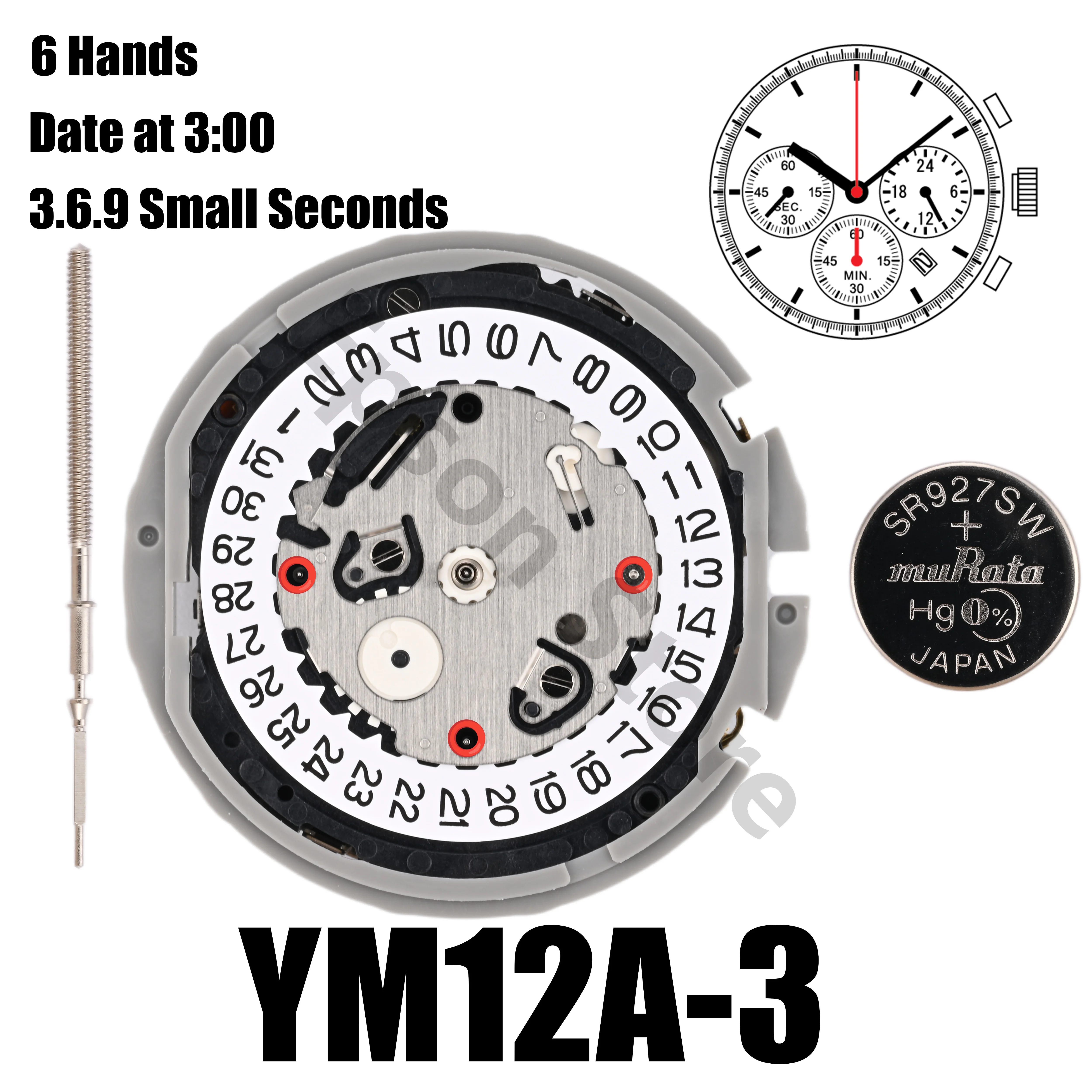 YM12 Movement YM12A Movement YM Series Quartz  Size:12''' Six Hands  3.6.9 Small Seconds date display at 3:00