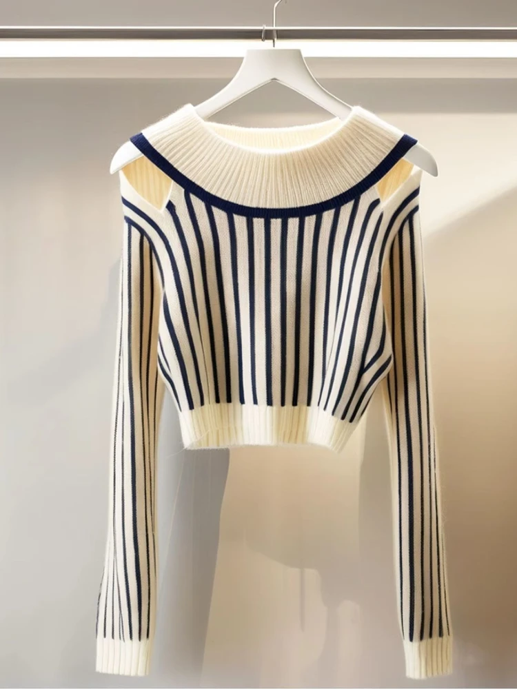 

Fashion Elegant Pullovers Striped Contrast Color Off Shoulder Design Crop Tops Slim Sweaters Small Fragrance Women Clothing 2025
