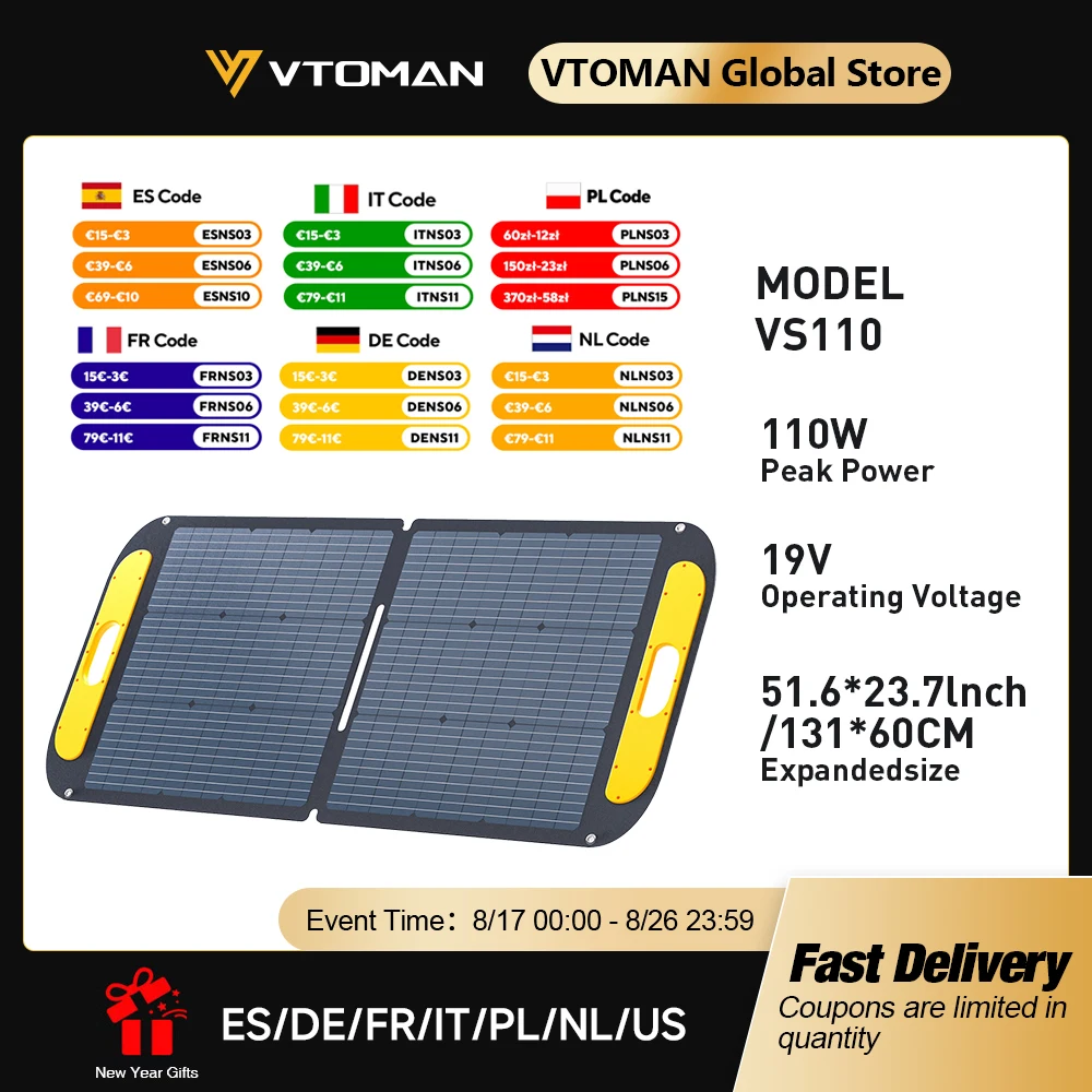 VTOMAN VS110 Solarpanel, tragbar, wasserdicht, faltbar, 110 W, Solarpanel für den Außenbereich, Notfall-Backup für JUMP 600X Power Station