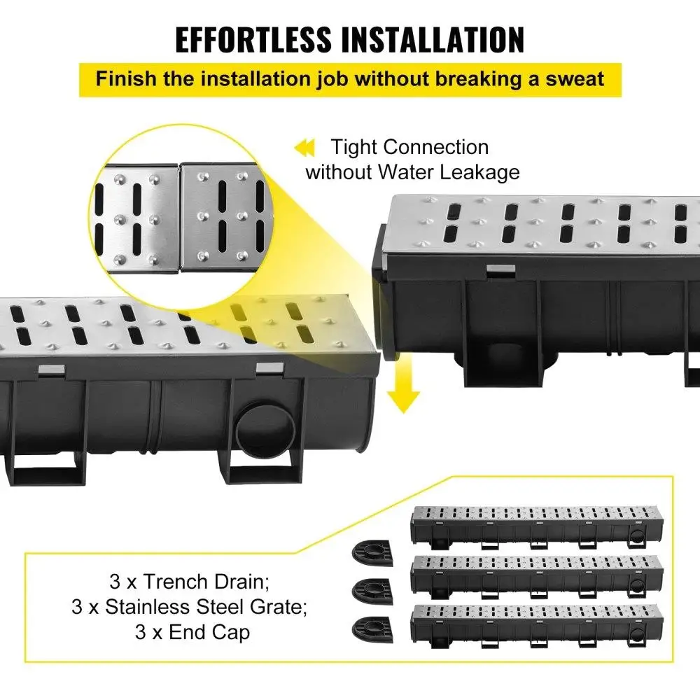 3-Pack HDPE Trench Drain System with Metal Grate, 5.9x5.1-Inch Garage Floor Drain & End for garden Driveway