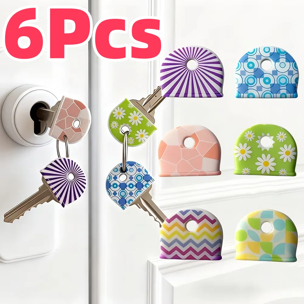6Pcs Silicone Key Identifier Caps, Round Flower Line Non-Slip Key Cover Durable Key Protector Household Key Chain Accessory