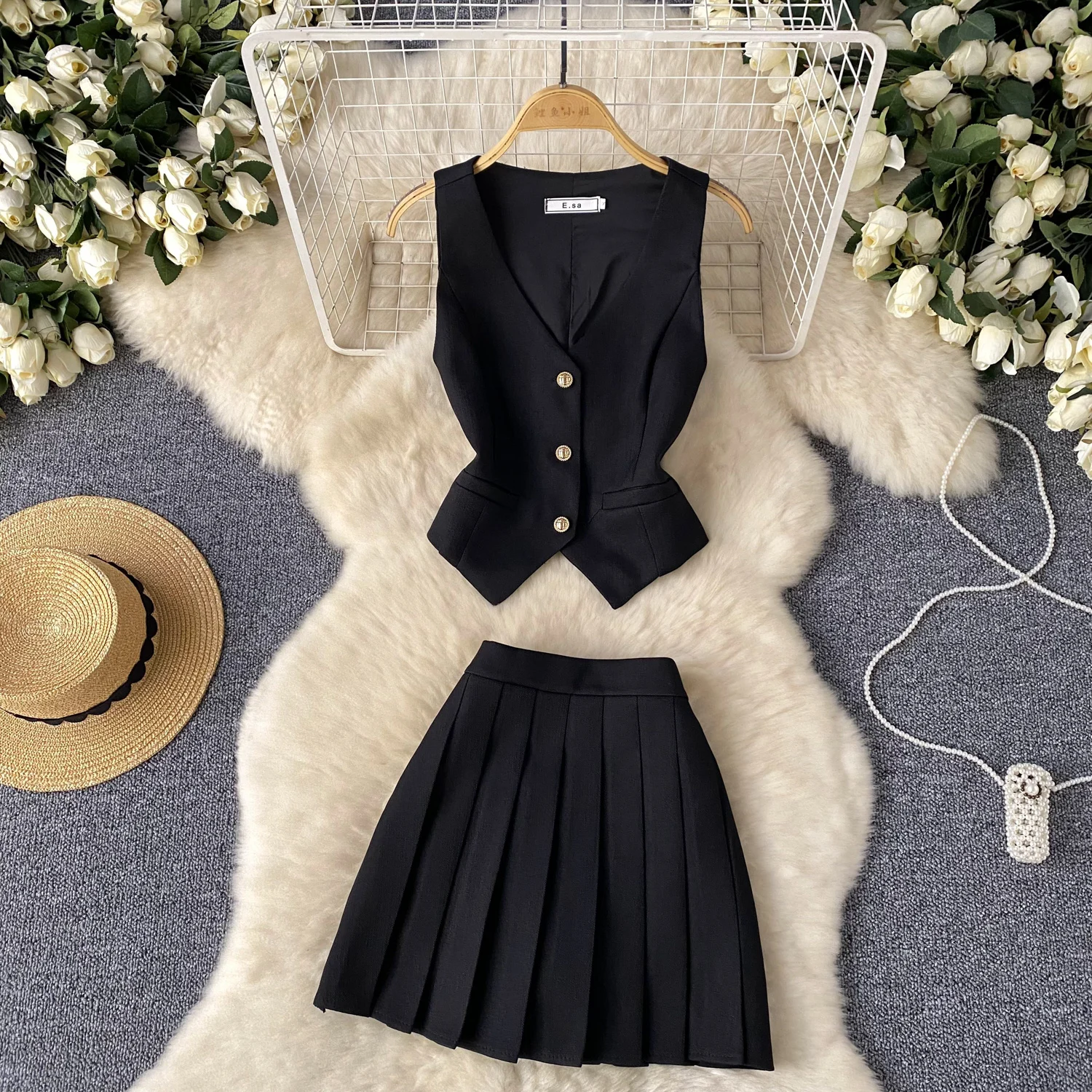 Sexy two Pieces Sets Chic Single Breasted suit vest Top with High Waist Hip Wrap CHAIN summer sweet Full Skir