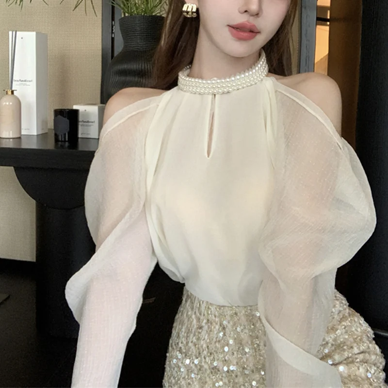 

Elegant Fashion Hanging Neck Pearl Collar Off Shoulder Shirt 2026 Spring Summer Women Tops Long Sleeve Pullovres Blouse