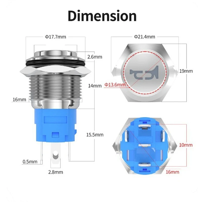

16MM Horn Switch Marine Horn Button Switch 12V Waterproof Metal Air Horn Push Button for Auto Train Boat-VVBC