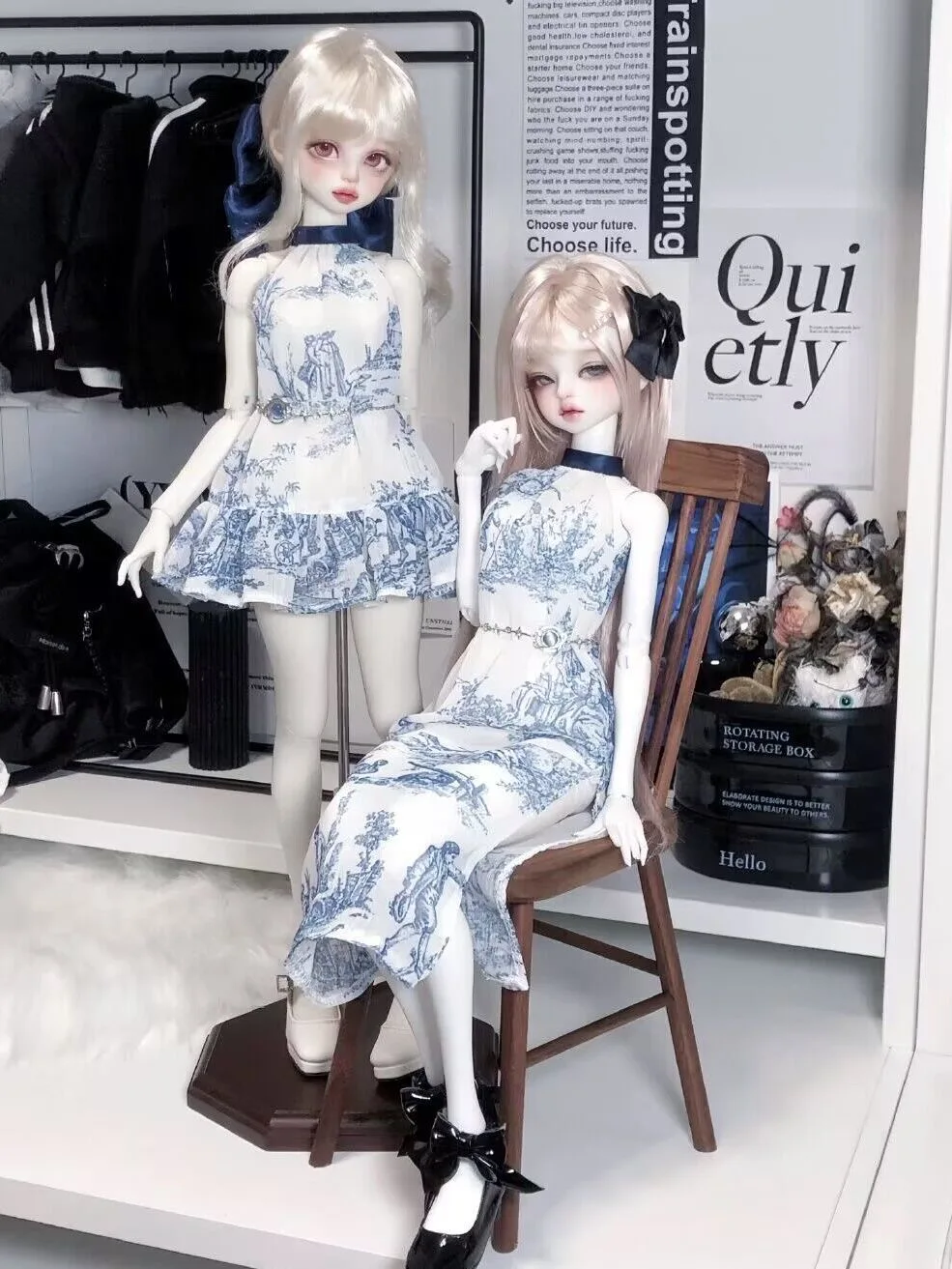 New Ladylike BJD Dress, 1/3 1/4 1/6 Doll Clothes, Blue And White Porcelain Custom Skirt With Belt Free Shipping