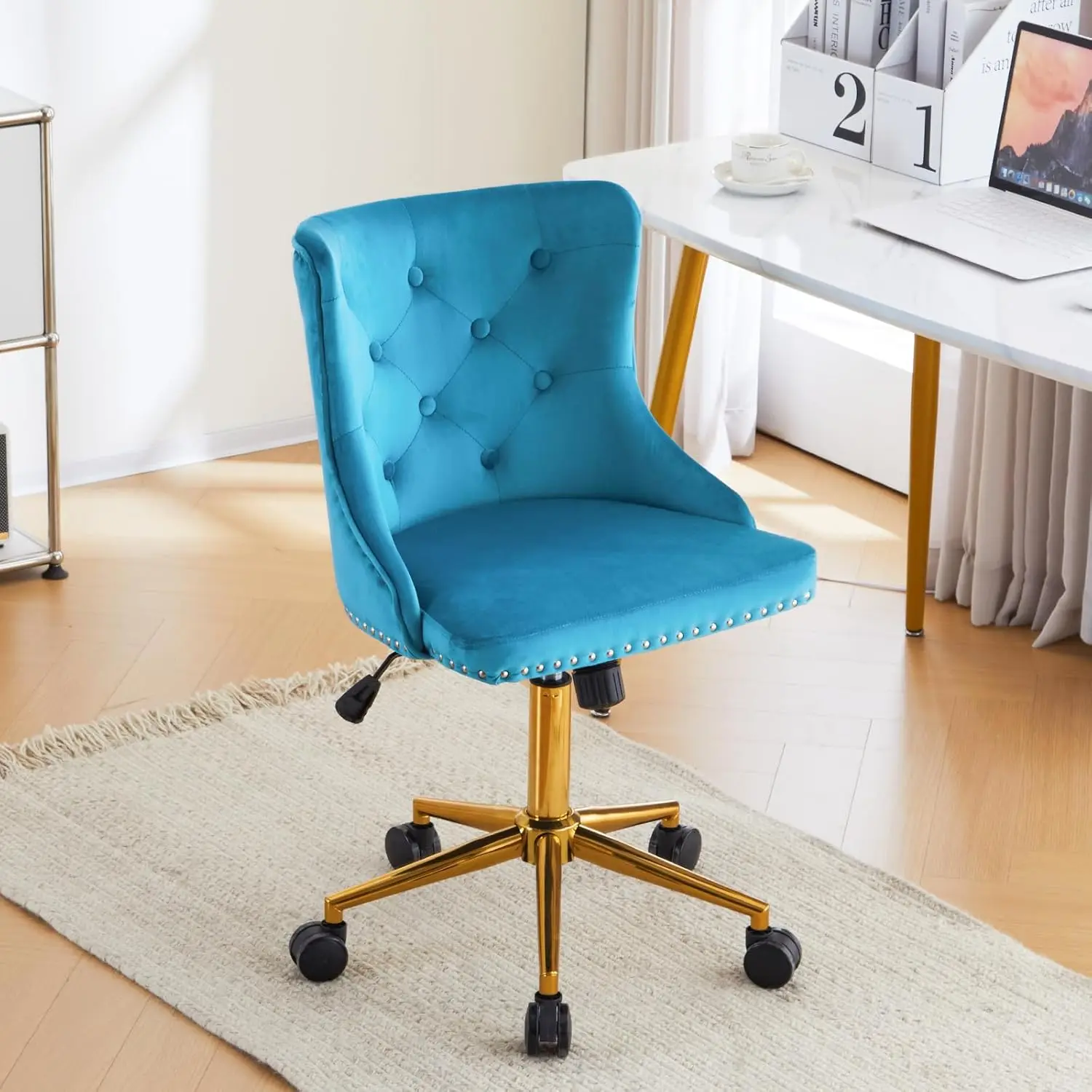 

Turquoise Blue Armless Office Chairs with Gold Base/Wheels,Makeup Chair with Back for Bedroom,Upholstered Adjustable Rolling