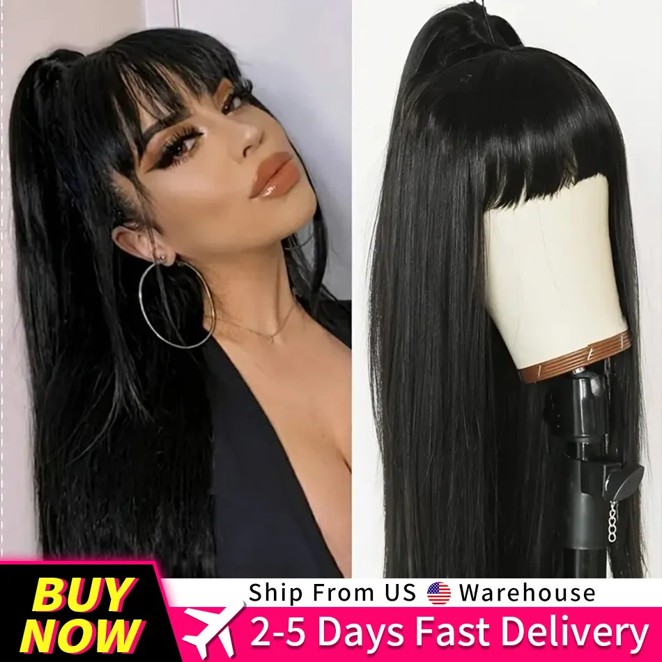

Long Straight Black Wig With Bangs Natural Black Hair Wigs For Women 250% Density Human Hair Wigs Machine Made Glueless Full Wig