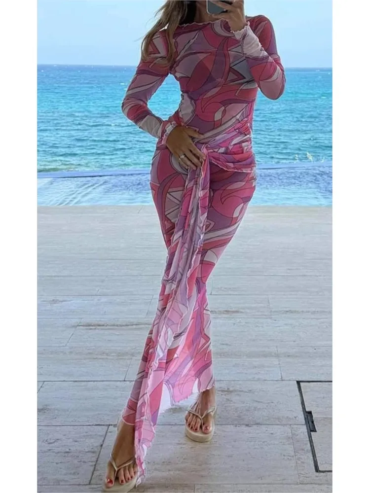 

Женское сексуальное тонкое платье с модным принтом и длинным рукавом с круглым вырезом на шнуровке, платья для женщин, праздничные платья, женская одежда, новинка весны