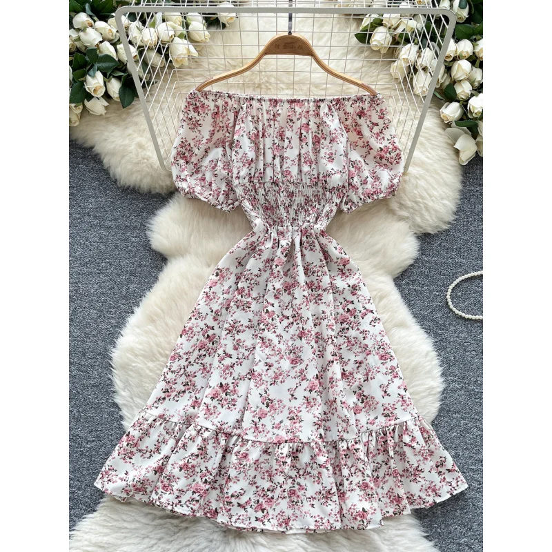 Boho women summer sexy off shoulder floral print short dress vintage elastic waist ruffles vestido de festa beach a-line dress