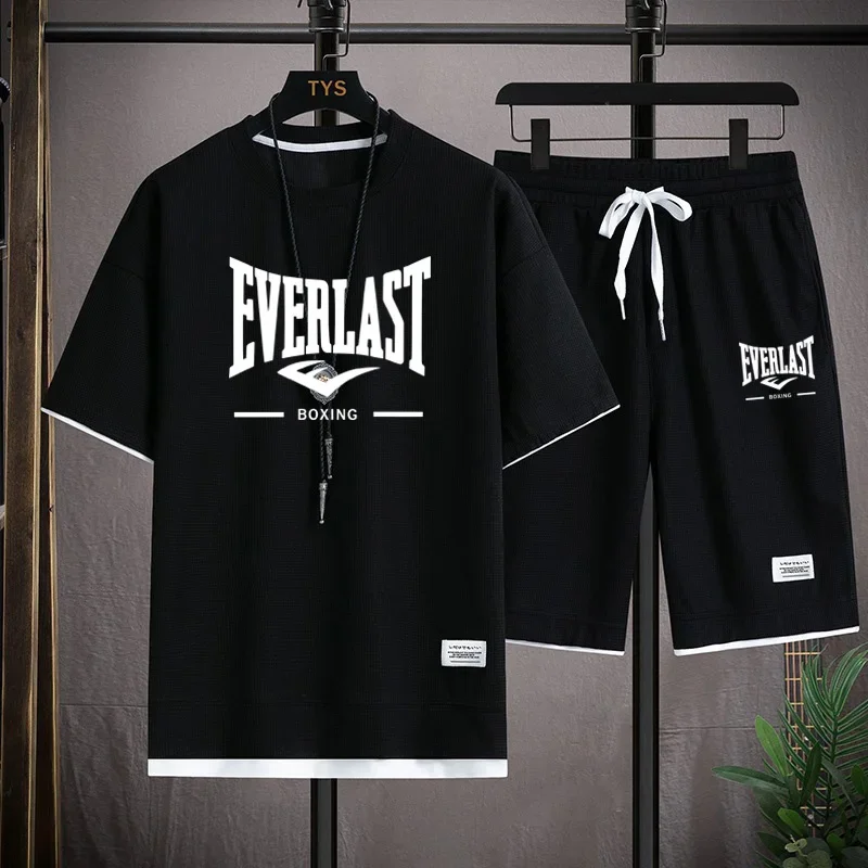 2026 Men's summer suit high quality round neck men's T-shirt 2 pieces shorts running quick dry leisure quick dry.